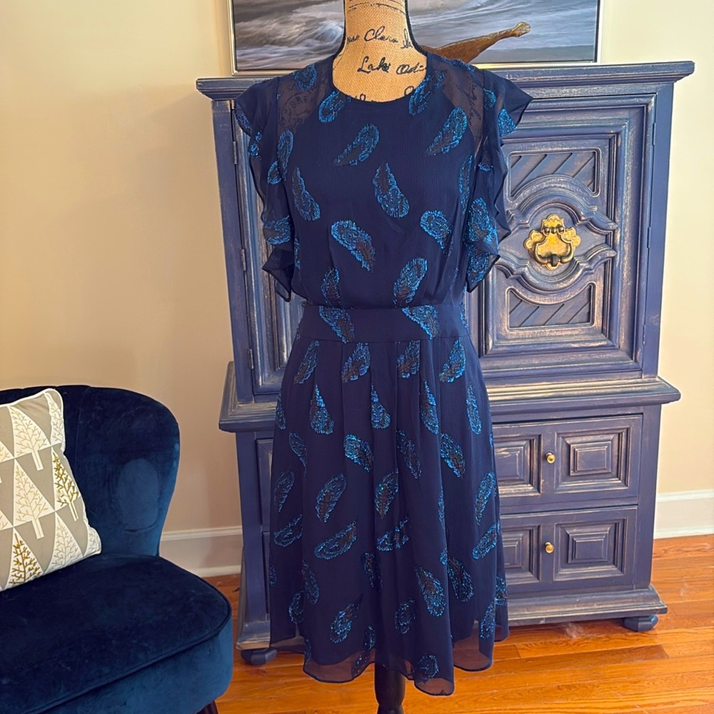 BCBGMaxazria Sheila holiday dress new NWT blue feather glitter sparkle s 6 $368